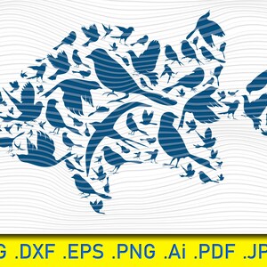 May include: A blue silhouette of a fish made up of many smaller bird silhouettes. The fish is facing right and has a slightly open mouth. The background is a white and gray wavy pattern.