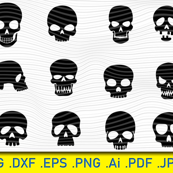 12 Skull svg, skeleton svg Skull Clipart, silhouette cameo stencil, vinyl, iron on, cricut, Skull dxf, Skull png, Skull Eps, Skull Vector