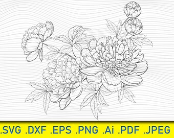 Peony Flower SVG: Spring Bouquet Contour, Floral Clipart (Digital Download)