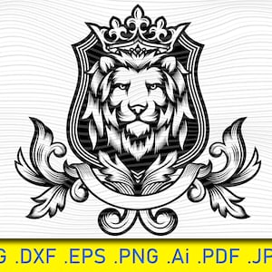 キングライオンSVG、PNG、王冠を戴いた王家のライオンSVG、ライオンの頭SVG、ライオンの頭SVG、デジタルライオンDXFシルエット、クリカットTシャツデザイン、野生動物