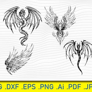 May include: Four black and white line drawings of dragons with wings. The dragons are in different poses, with some facing forward and others facing sideways. The drawings are simple and elegant, with a focus on the dragons' wings and tails.