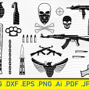 May include: A black and white digital illustration of a skull wearing a bandana, crossed bones, a baseball bat, a chain, a pair of brass knuckles, a grenade, a bottle, a handgun, a knife, an assault rifle, bullets, and a target.