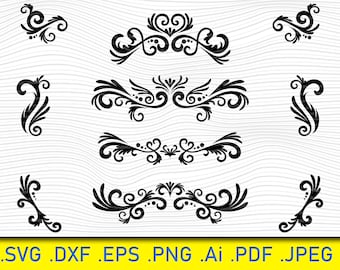 Decoratieve elementen bundel SVG, bloeien Svg. Ornamenten SVG, silhouet grens Svg, scheidingslijnen randen Svg, scheidingslijn Svg, tekst scheidingslijn SVG, Eps
