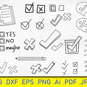 May include: A black and white illustration of various check marks, check boxes, and X marks. The illustration includes the words "YES", "NO", and "maybe" in a checklist format.