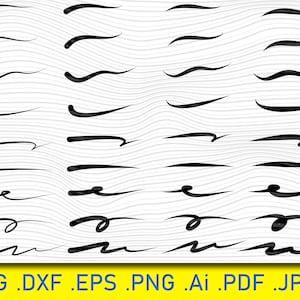 May include: A set of 40 black and white hand-drawn brush stroke divider lines. The lines are various lengths and thicknesses, and some are curved. The lines are on a white background.