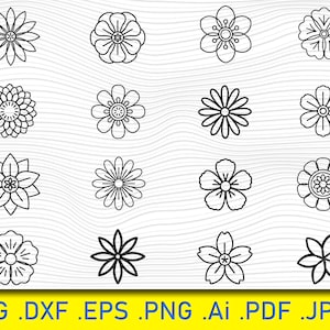 May include: A set of 16 black and white flower outline illustrations. The flowers are in various styles, including simple, detailed, and whimsical.