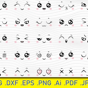 May include: A set of 25 black and white cartoon faces with different expressions. The faces have large eyes, small mouths, and various facial features like hearts, spirals, and wavy lines. The faces are on a white background with pink blush on the cheeks.