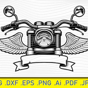 翼付きオートバイ、リボングランジ SVG、オートバイ SVG、バイク SVG、モーターバイク SVG DXF。オートバイ Cricut ファイル、オートバイのシルエット