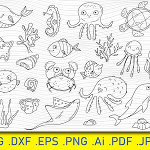 Meerestier Doodle SVG Bundle Cricut Baby Schildkröte Silhouette Ocean Fisch Clipart Vinyl Laser Cut Datei Delphin Wale Seepferdchen Krabbe, Meerestier