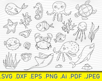 Sea Animal Doodle SVG Bundle: Ocean Clipart, Cricut Cut Files