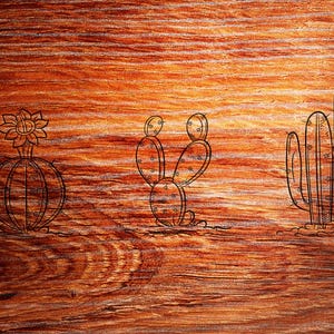 以下が含まれることがあります： 木の背景に、黒インクで描かれた3種類のサボテン。サボテンは、バレルサボテン、ウチワサボテン、背の高い細長いサボテンです。