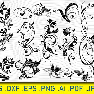 FIORI in SVG Ornamental Corner Lines Piante svg,Decorazione floreale Foglie PNG per file Silhouette Cricut, Easy Cut, Download immediato