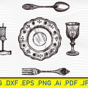 Antique cutlery set, Cutlery SVG, Black silhouette digital clipart, Files eps jpg, Cutlery isolated vector, Instant download svg, png, dxf