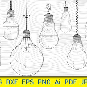 May include: A set of six black and white line drawings of hanging light bulbs. The bulbs are all different shapes and sizes, and they are drawn in a simple, minimalist style.