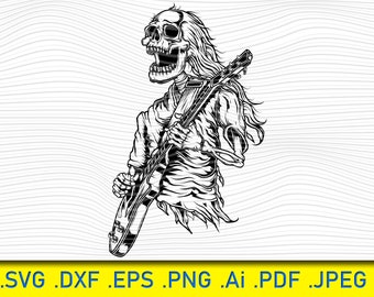 Skull Skeleton Playing Guitar Rock N Roll Heavy Death Metal Music Star Musician Band Song Sound Design Art Logo SVG PNG Vector Clipart Cut