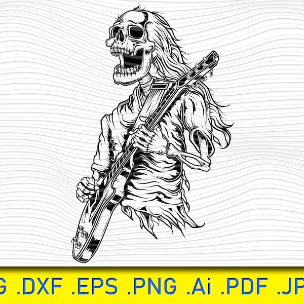 Skull Skeleton Playing Guitar Rock N Roll Heavy Death Metal Music Star Musician Band Song Sound Design Art Logo SVG PNG Vector Clipart Cut