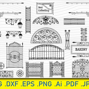 ゲート SVG クリップ アート、フェンス デジタル カット ファイル、ゲート DXF、ゲート ビニール カット ファイル、ゲート PNG ファイル、錬鉄製ゲート SVG、鉄製ゲート クリップ アート。