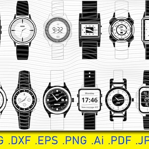 Op de afbeelding: Een set van tien zwart-witte horloge-illustraties, waaronder digitale, analoge en smartwatch-stijlen. De horloges zijn allemaal in een eenvoudige, minimalistische stijl.