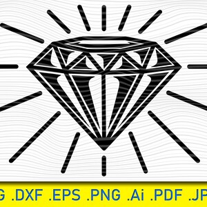 May include: A black and white illustration of a diamond with rays of light emanating from it.