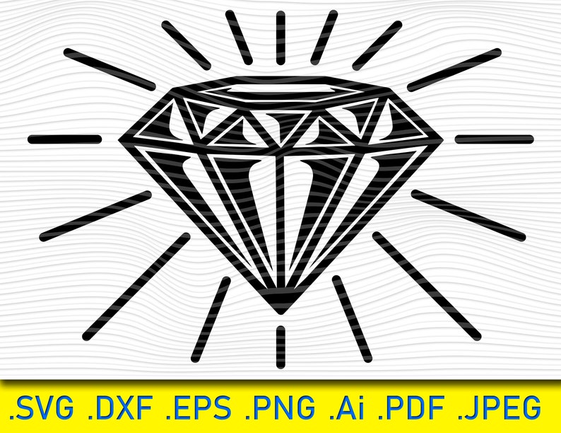 May include: A black and white illustration of a diamond with rays of light emanating from it.