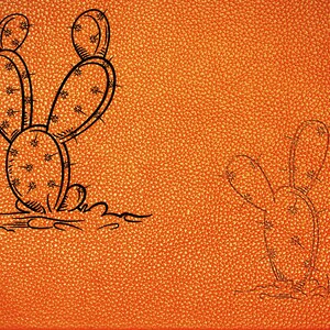 以下が含まれることがあります： オレンジ色の背景に、サボテンの線画が2つ描かれている。左側のサボテンは3つのセグメント、右側のサボテンは2つのセグメントで構成されている。