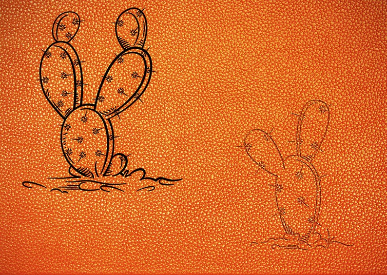 以下が含まれることがあります： オレンジ色の背景に、サボテンの線画が2つ描かれている。左側のサボテンは3つのセグメント、右側のサボテンは2つのセグメントで構成されている。