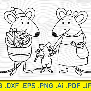 Navidad Rata Familia, Papá con regalos mamá sostiene niño a mano niño pequeño con caramelo bastón feliz chino recién año, ANIMAL Clip Art, Cortar archivo