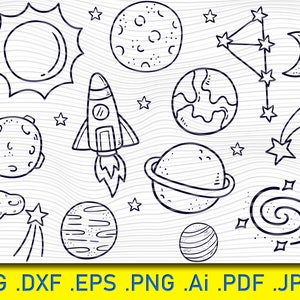 Clipart espace extra-atmosphérique | Doodles planètes dessinées à la main | Dessin de contour d'astronaute et d'ovni extraterrestre, formes de soleil, de lune, d'étoiles, de planètes et de fusées