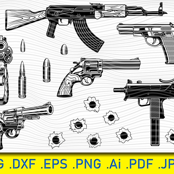 Gun Pack SVG - Gun Cricut Files - Gun Silhouettes - AR-15 Vector - Sniper Svg, Pistol Svg, Shotgun Svg, Rifle Svg, Ak-47 Svg, Gun Svg