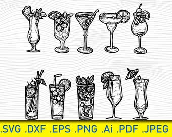 Cóctel SVG clipart, contorno de cóctel SVG, bebidas alcohólicas, comercial, gráfico digital, vector clipart, bebida tropical, verano, playa, cóctel PNG