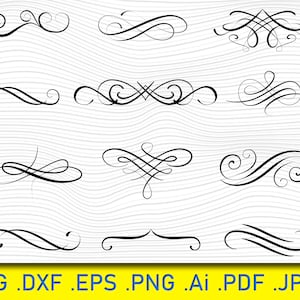 May include: A set of 10 black and white decorative flourish SVG cut files. The flourishes are in a variety of styles, including swirls, scrolls, and loops.