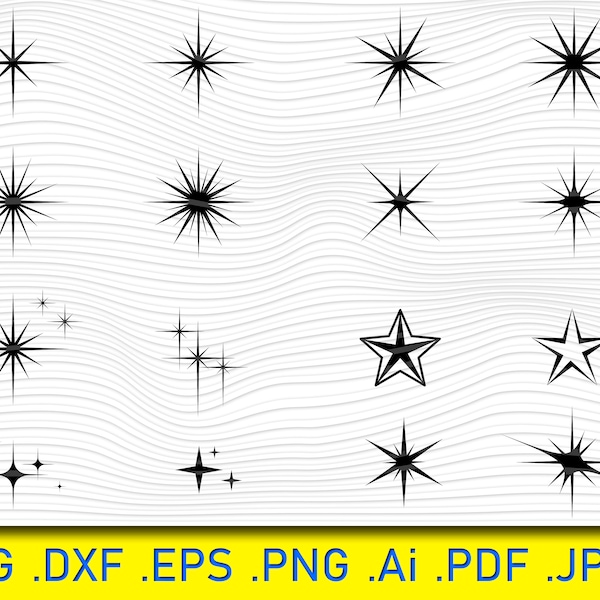 16 Stars SVG Bundle, Star Vector, Shooting Stars svg file for cricut, Outer space Design Elements, clip art , Star Silhouette png, dxf, esp