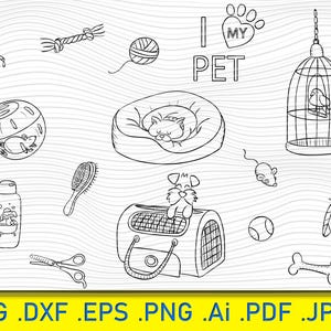 Puede incluir: Un dibujo en blanco y negro de artículos para el cuidado de mascotas, que incluye una cama para gatos, una jaula de transporte para perros, una jaula para pájaros, una pelota, un hueso, un cepillo, un juguete, una botella de champú y unas tijeras. El texto "I My Pet" también está incluido en la imagen.