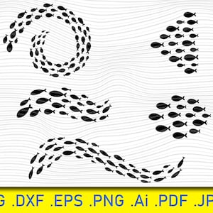 Gruppen schwimmende Fische, Fischschwarm, Gruppe von Fischen, Vektorfischlogo, schwarze Silhouette, runde Fischherde, Clipart, Illustration, Schneidemaschine, Clip Art, Illustration