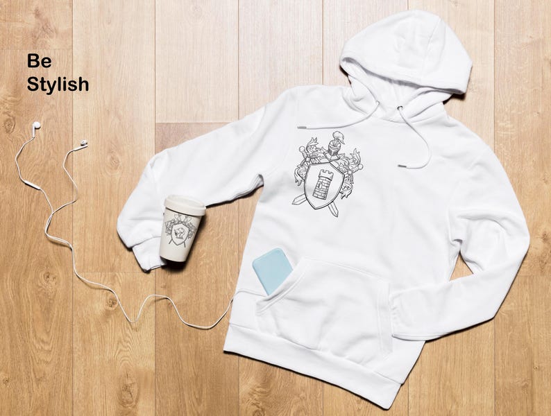 May include: White hooded sweatshirt with a black and white graphic of a coat of arms featuring a sword, shield, and crown. The text "Be Stylish" is visible in the top left corner of the image.