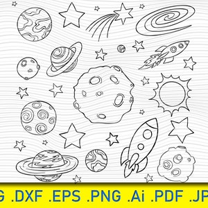 Imágenes prediseñadas del espacio exterior, dibujadas a mano, garabatos de planetas, astronautas y extraterrestres, ovnis, dibujos de contornos, formas de sol, luna, estrellas, planetas y cohetes.