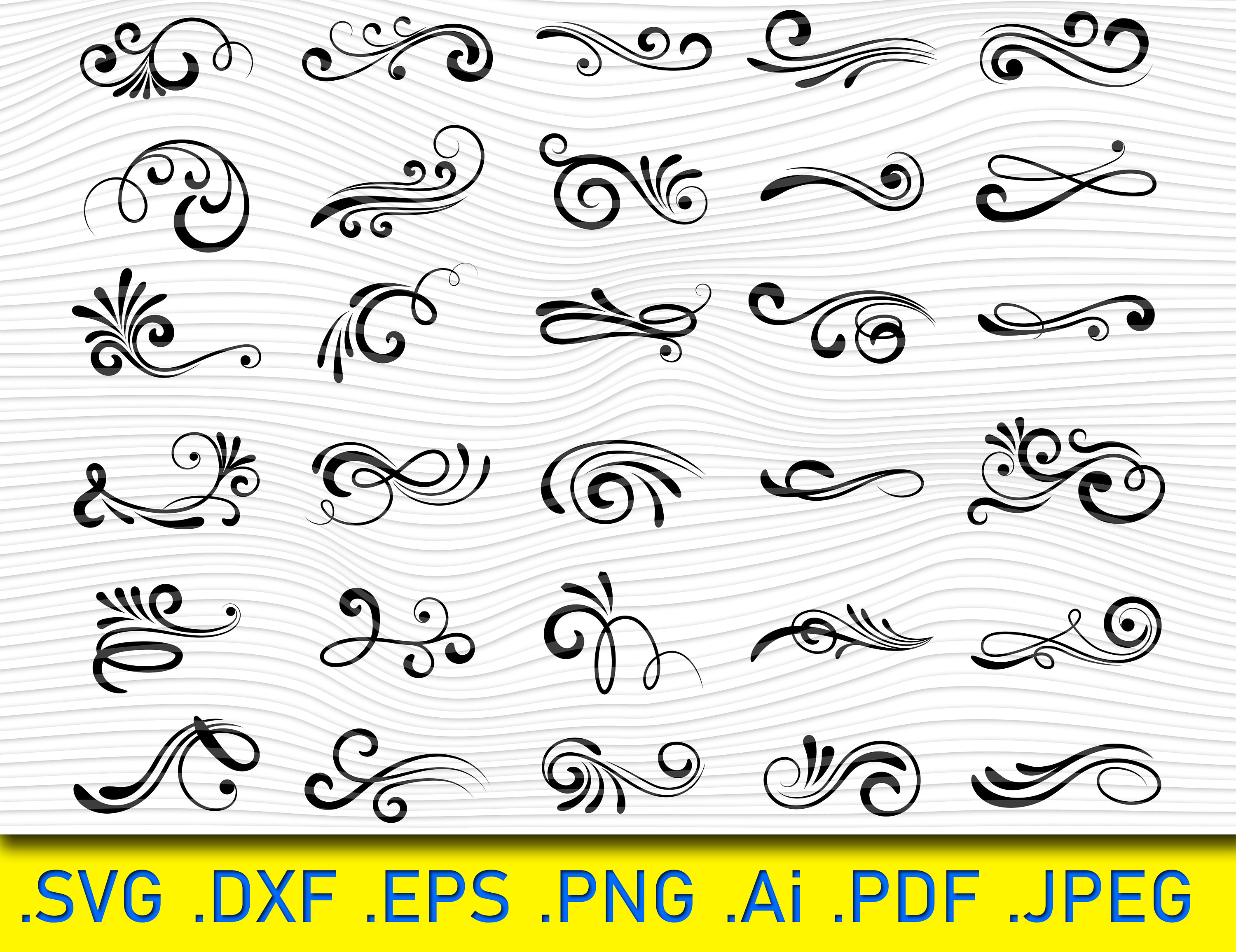 30 swoosh, swirl, swash, Vector Design Elements,SVG, PNG, Flourish,  Clipart, Digital Cutting File, Copyright Free, cricut, Illustrator