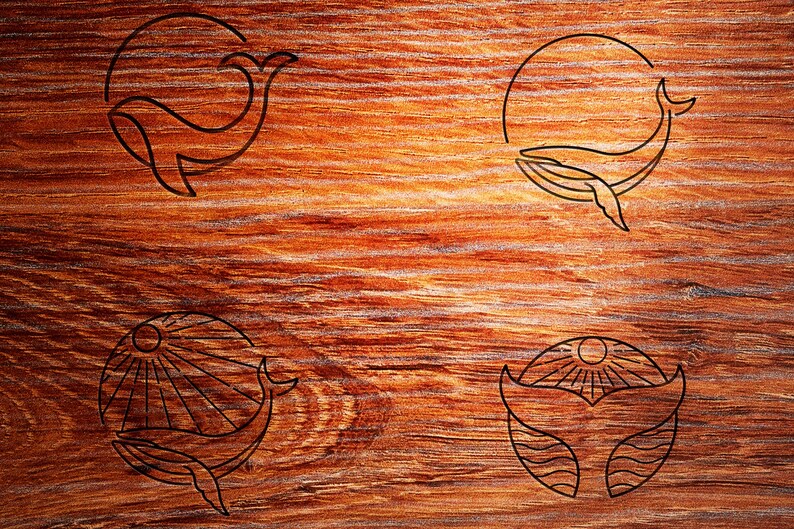 May include: Four different line art designs of a whale with a sun or moon in the background. The designs are on a wooden surface.