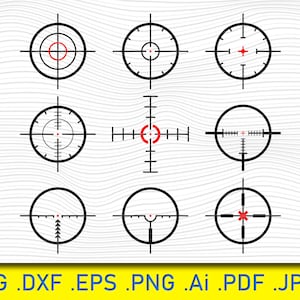 Op de afbeelding: Negen verschillende zwarte en rode vizierontwerpen. De vizieren zijn in verschillende stijlen, waaronder cirkels, plustekens en een combinatie van beide. De onderkant van de afbeelding heeft de bestandstypen: .SVG .DXF .EPS .PNG .Ai .PDF .JPEG.