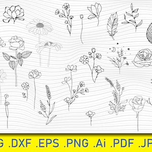 23 Linie Objekt, Magnolie, Rose, Lavendel, Jasmin Blatt Blume, Sonnenblume, Blume SVG, von Hand gezeichnete Pflanzen Svg, Instant Download, geschnitten Datei, SVG