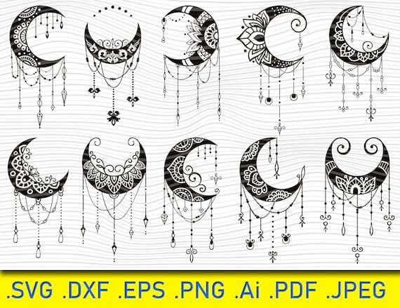 10 Moon Zentangle, Moon SVG Bundle, Crescent Moon SVG, Moon