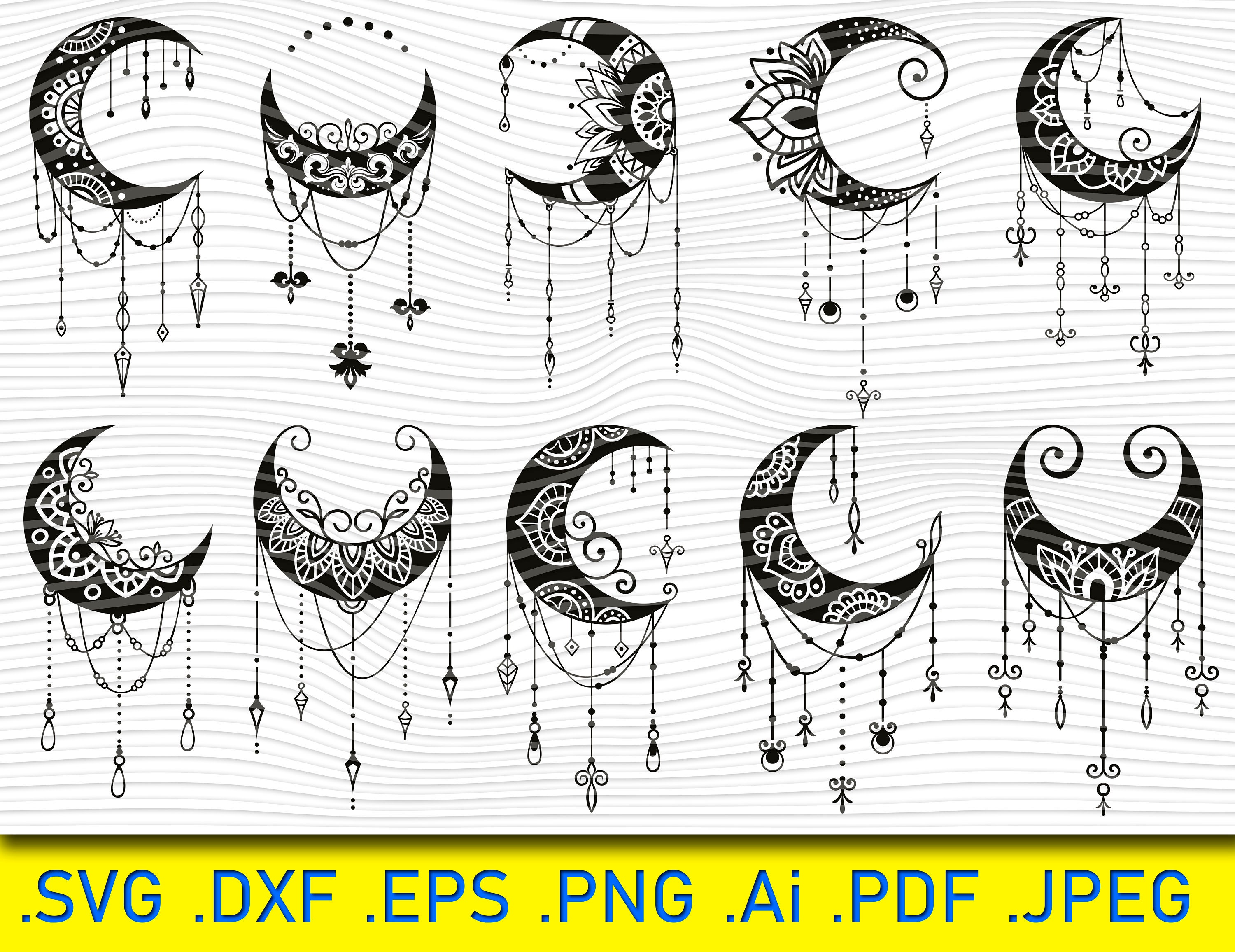 10 Moon Zentangle, Moon SVG Bundle, Crescent Moon SVG, Moon