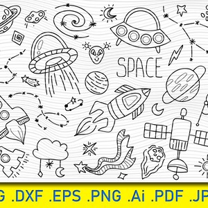 37 Clip Art dello spazio / Pianeti disegnati a mano Scarabocchi / Astronauta e alieno UFO Disegno di contorno, Sole, Luna, Stelle, Pianeti e Razzi Forme