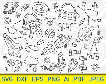 Outer Space Clip Art: Hand-Drawn Planets, Rockets, UFOs (SVG, PNG, EPS)