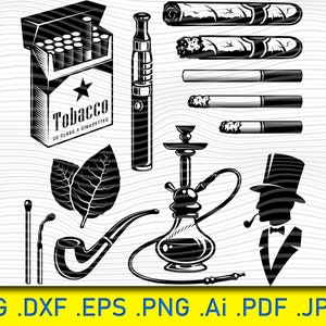 Puede incluir: Ilustración en blanco y negro de accesorios para fumar, que incluyen un paquete de cigarrillos con la etiqueta "Tobacco", un vapeador, puros, cigarrillos, una cachimba, una pipa, cerillas, hojas de tabaco y la silueta de una persona fumando en pipa.