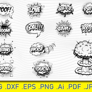 13 Comic book SVG Bundle, superhero speech bubble, cartoon, Boom, Vector Clipart, Digital Download, Silhouette, Cricut, Cut, Cutting, Print