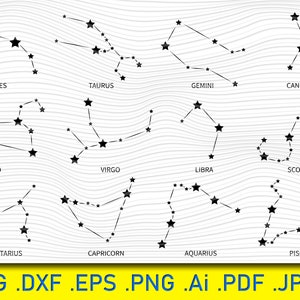 Différentes constellations du zodiaque, svg constellations du zodiaque, svg des signes du zodiaque, signes astrologiques, astrologie, silhouette et fichiers de découpe Cricut