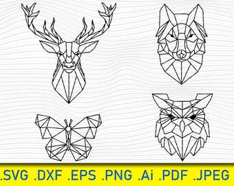 Geometric Animal SVG Bundle: Polygonal Deer, Wolf, Owl, Butterfly (Digital Files)