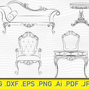 Puede incluir: Un conjunto de cuatro dibujos en blanco y negro de muebles ornamentados, que incluyen una chaise longue, una silla, un tocador y una mesa pequeña. Los muebles están dibujados en un estilo clásico con detalles intrincados.