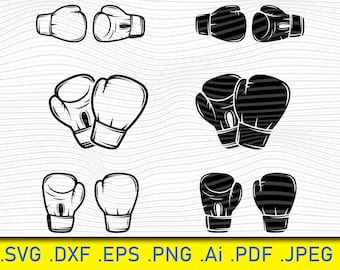 May include: Set of six black and white boxing glove illustrations. The gloves are shown in pairs, with one glove facing left and the other facing right. The gloves are drawn in a simple, cartoon style.